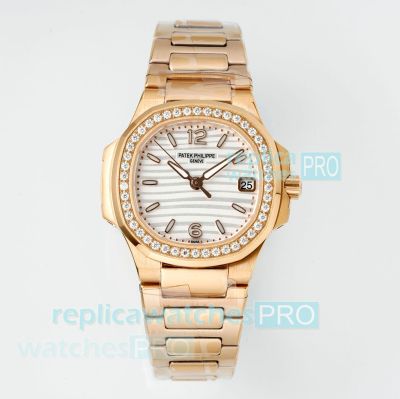 PPM Swiss Clone Patek Philippe Nautilus Diamond Quartz Rose Gold Ladies' Watch 